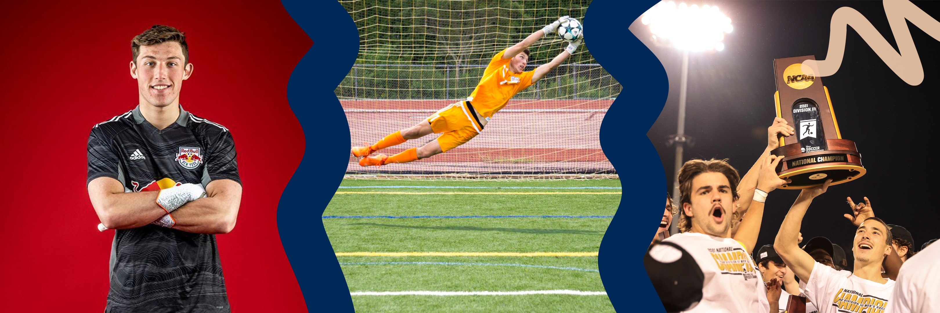 A Graphic of Conn Graduate AJ Marcucci posing, saving a ball, and holding up a trophy.