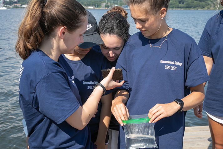 Student researchers take a close look at the growth on one 3D printed plate.